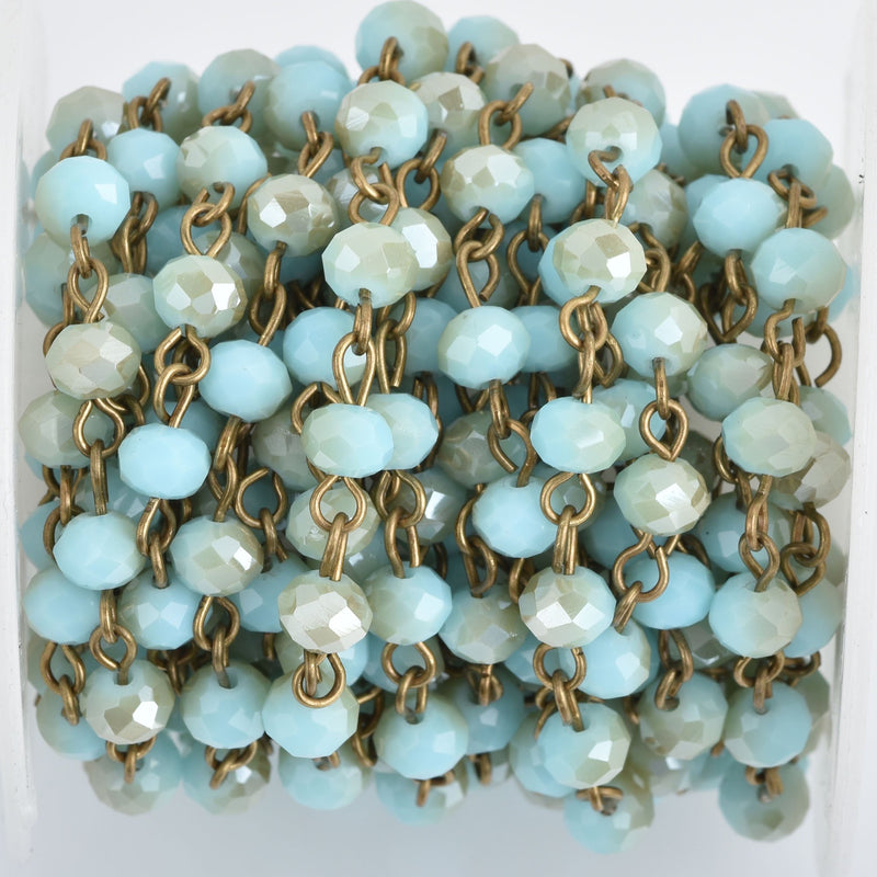 13 feet Blue Green Crystal Rosary Chain, Crystal beads, bronze wire, 6mm rondelle faceted crystal beads, fch0851b