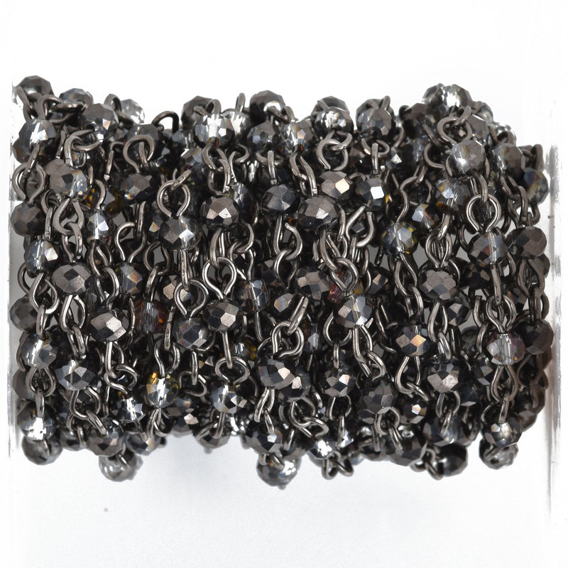 1 yard Smoky Grey AB Crystal Rondelle Rosary Chain, GUNMETAL, 4mm faceted rondelle glass beads, fch0852a