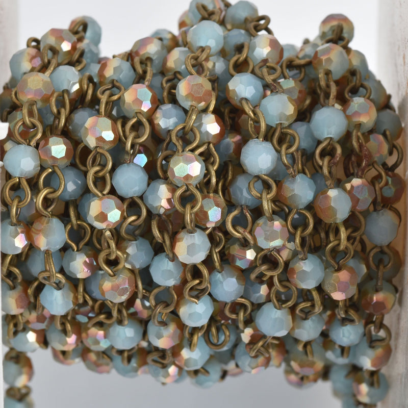 1 yard BLUE TAN Crystal Rosary Chain, bronze, 4mm round faceted crystal beads, fch0853a