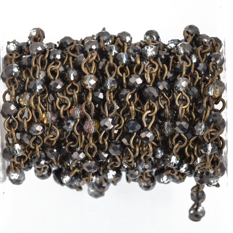 1 yard Smoky Grey AB Crystal Rondelle Rosary Chain, BRONZE, 4mm faceted rondelle glass beads, fch0854a