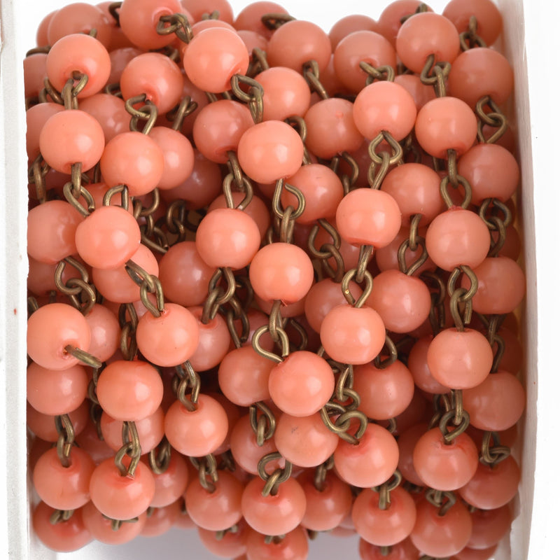 13 feet CORAL PEACH Rosary Chain, BRONZE wire, 6mm round glass beads, fch0855b