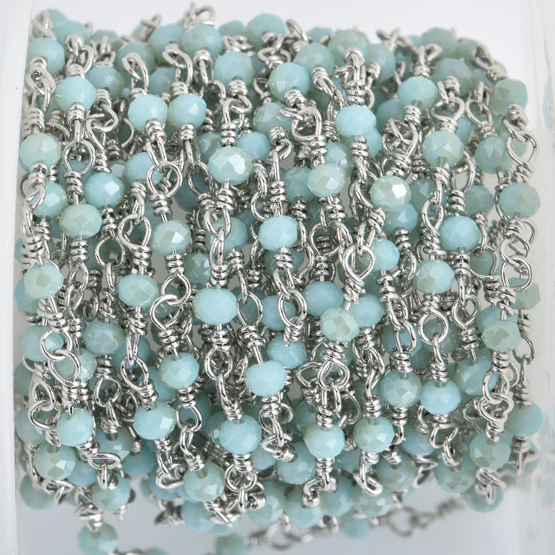 1 yard LIGHT BLUE Crystal Rosary Bead Chain, silver double wrapped wire, 3mm faceted rondelle glass beads, fch0856a