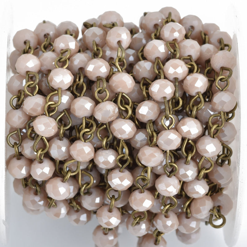 1 yard Pink BLUSH Crystal Rondelle Rosary Chain, bronze wire, 6mm faceted rondelle glass beads, fch0857a