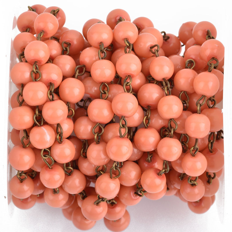 1 yard CORAL PEACH Rosary Chain, BRONZE wire, 8mm round glass beads, fch0858a