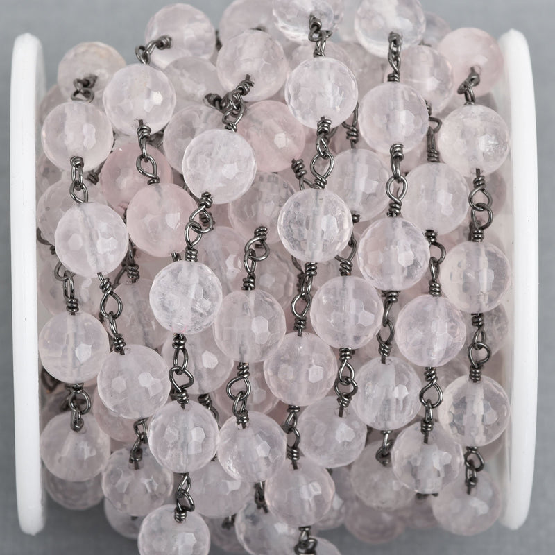 1 yard Light PINK ROSE QUARTZ Rosary Chain, gunmetal links, 8mm round faceted gemstone beads, fch0859a