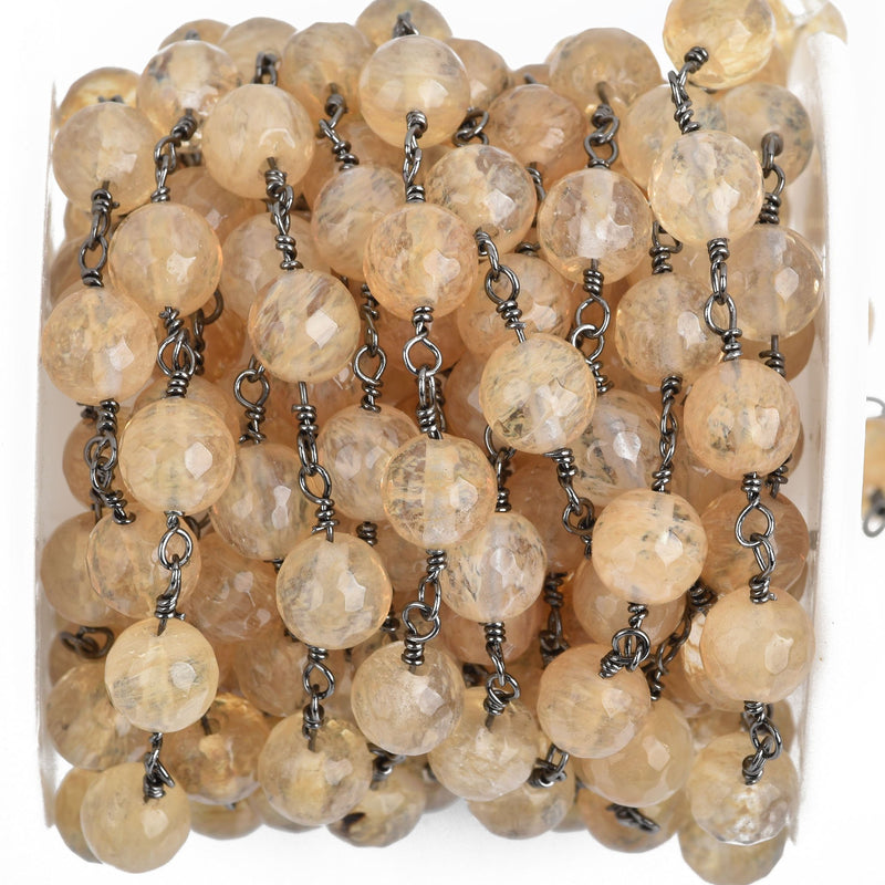 1 yard GOLDEN QUARTZ Rosary Chain, gunmetal links, 8mm round faceted gemstone beads, fch0860a