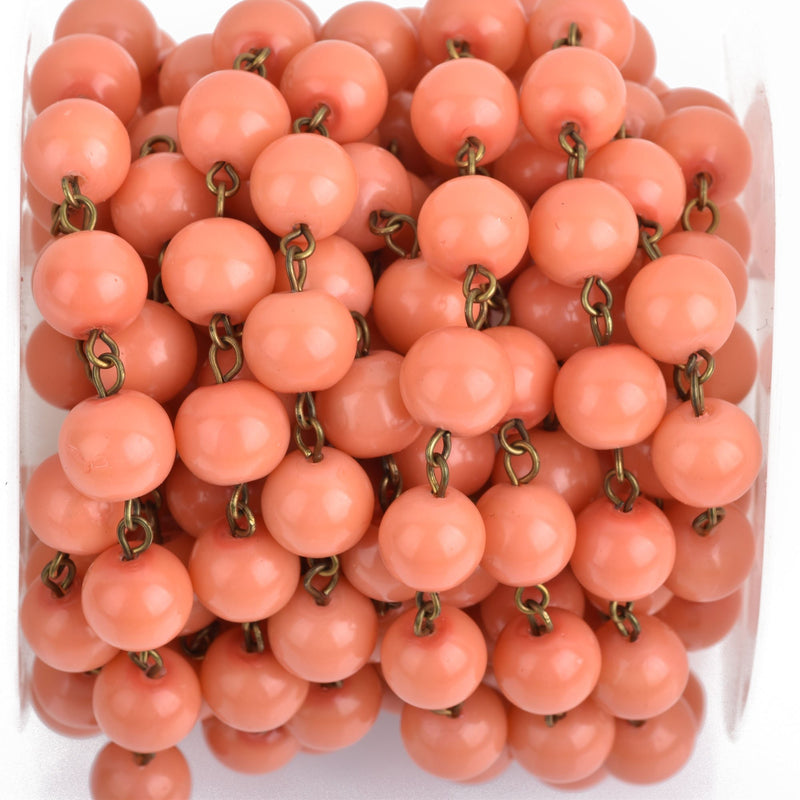 1 yard CORAL PEACH Rosary Chain, BRONZE wire, 10mm round glass beads, fch0861a