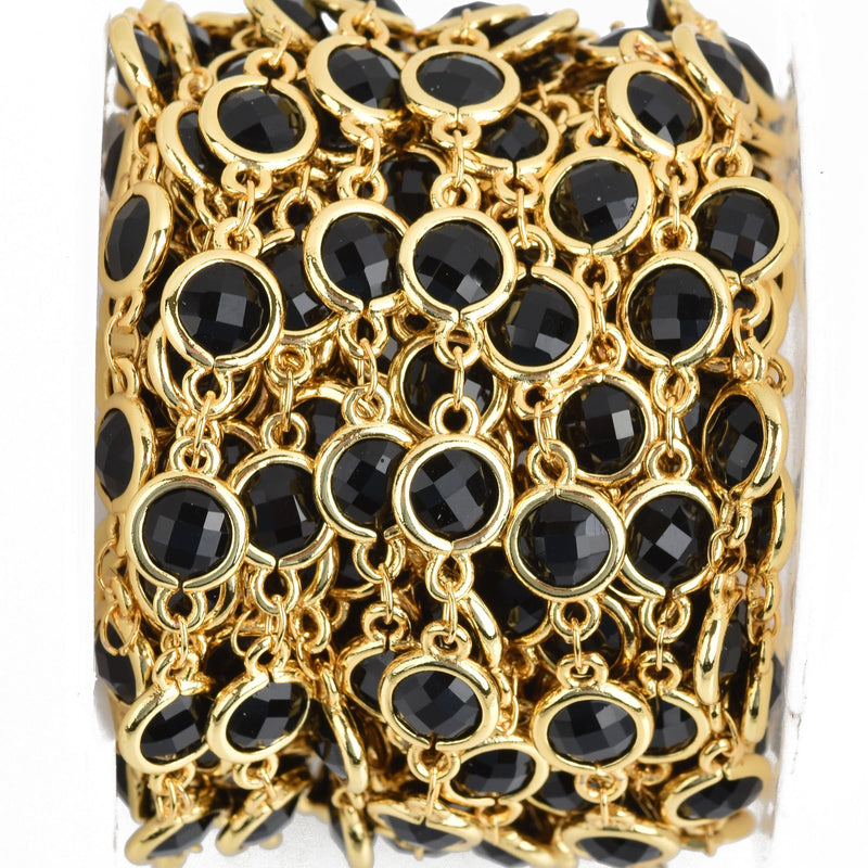 1 yard Crystal Chain, BLACK and GOLD, Flat Coin Rhinestone Rosary Chain, 7mm, fch0864a