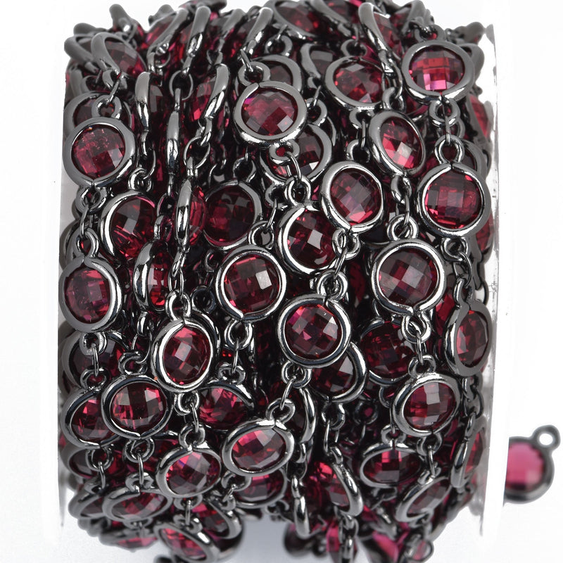 1 yard Crystal Chain, RUBY RED and BLACK, Flat Coin Rhinestone Rosary Chain, 7mm, fch0869a