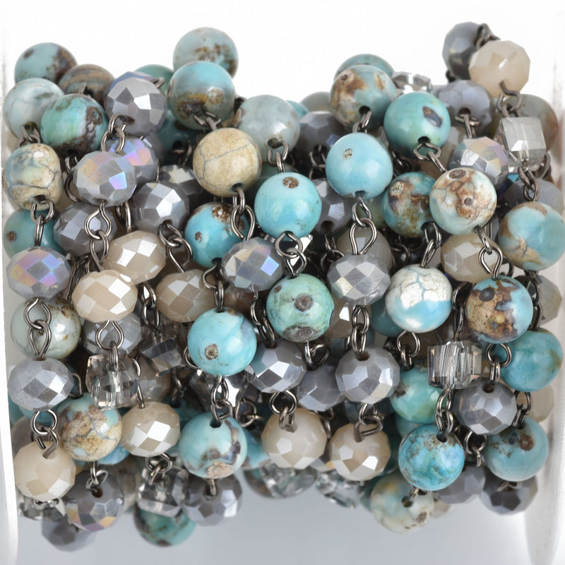 13 feet Gemstone Crystal Rosary Chain, Robins Egg Blue Jasper, Crystal Cube and Rondelle Beads, GUNMETAL, 8mm, fch0870b