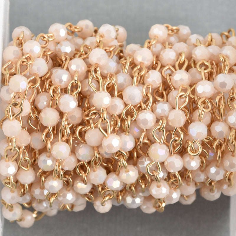 13 feet IVORY CREAM AB Crystal Rosary Chain bright gold links 4mm round faceted bead chain fch0873b