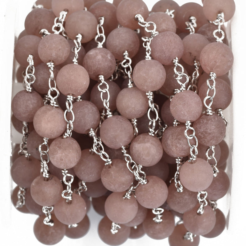 1 yard PLUM Matte JADE Gemstone Rosary Chain, double wrap SILVER links, 8mm round natural gemstone beads, fch0879a