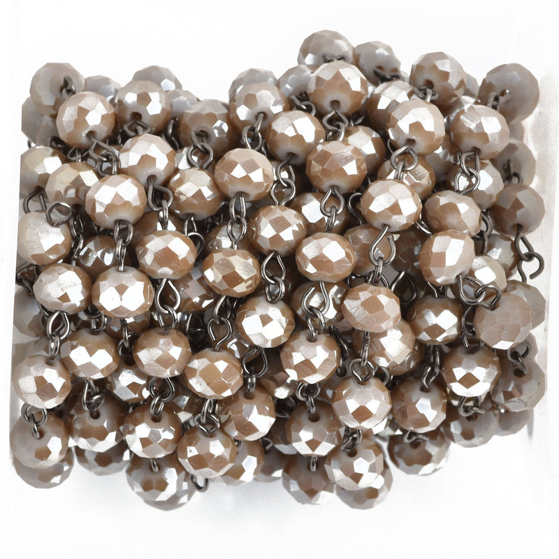 1 yard CARAMEL BROWN Taupe Crystal Rondelle Rosary Chain GUNMETAL 8mm faceted rondelle glass beads, fch0880a