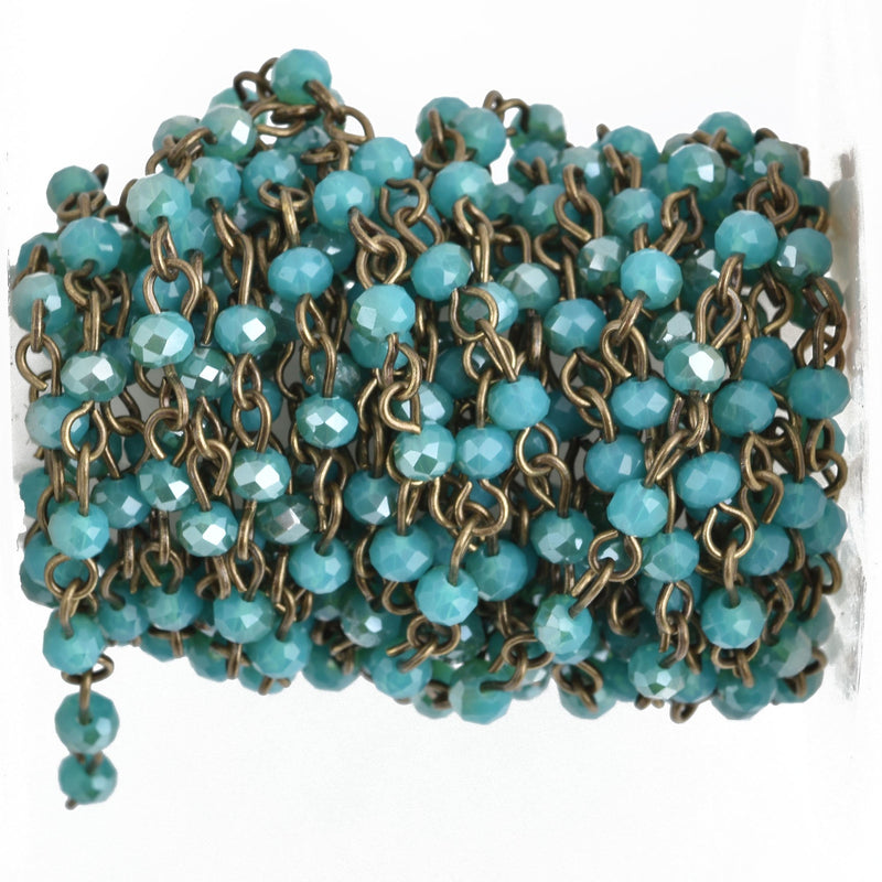 1 yard TEAL BLUE Crystal Rosary Chain bronze 4mm rondelle faceted crystal beads, fch0881a
