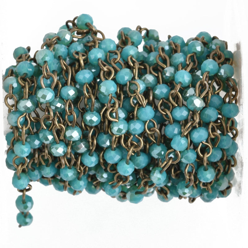 13 feet TEAL BLUE Crystal Rosary Chain bronze 4mm rondelle faceted crystal beads, fch0881b