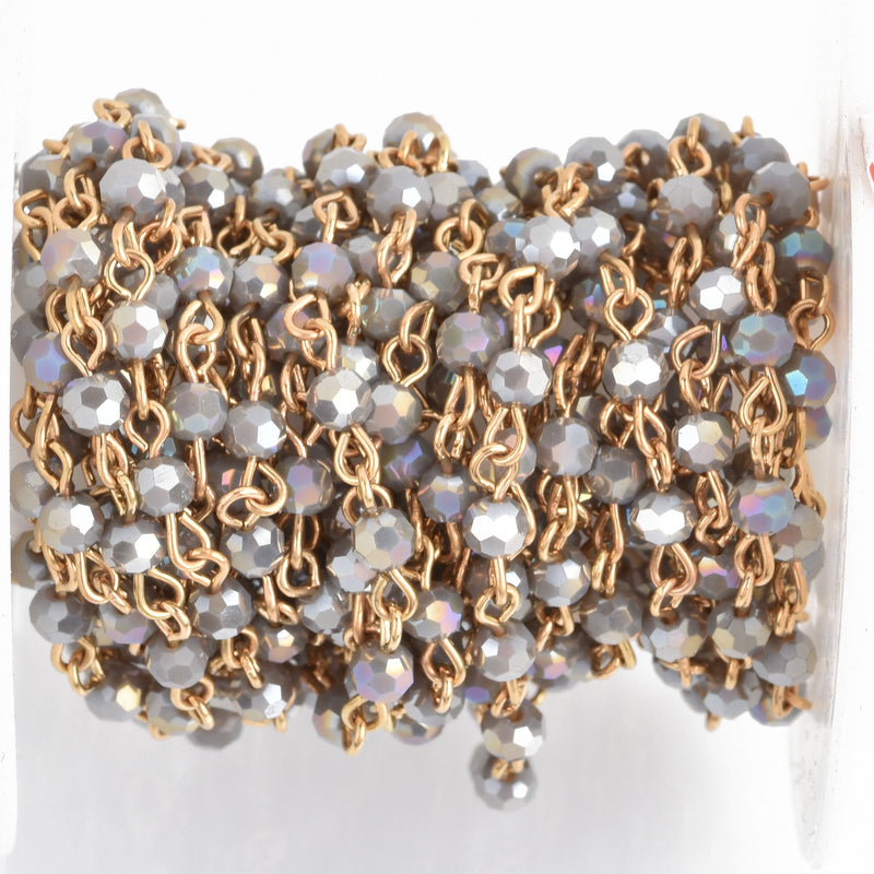 1 yard GRAY AB Crystal Rosary Chain, gold links, 4mm round faceted crystal bead chain, fch0885a