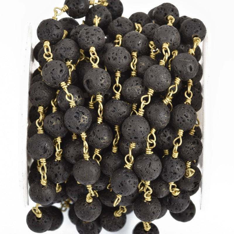 13 feet BLACK LAVA STONE Rosary Chain gold wire 8mm gemstone fch0896b