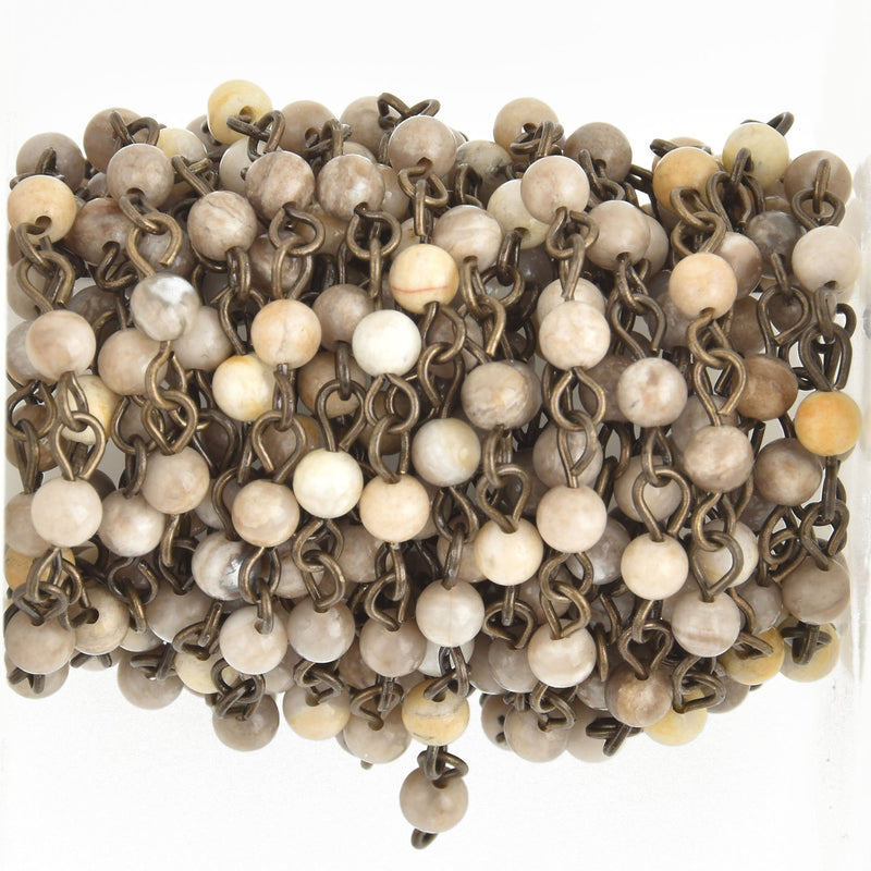 1 yard SILVER LEAF JASPER Rosary Chain gunmetal wire 4mm gemstone fch0899a