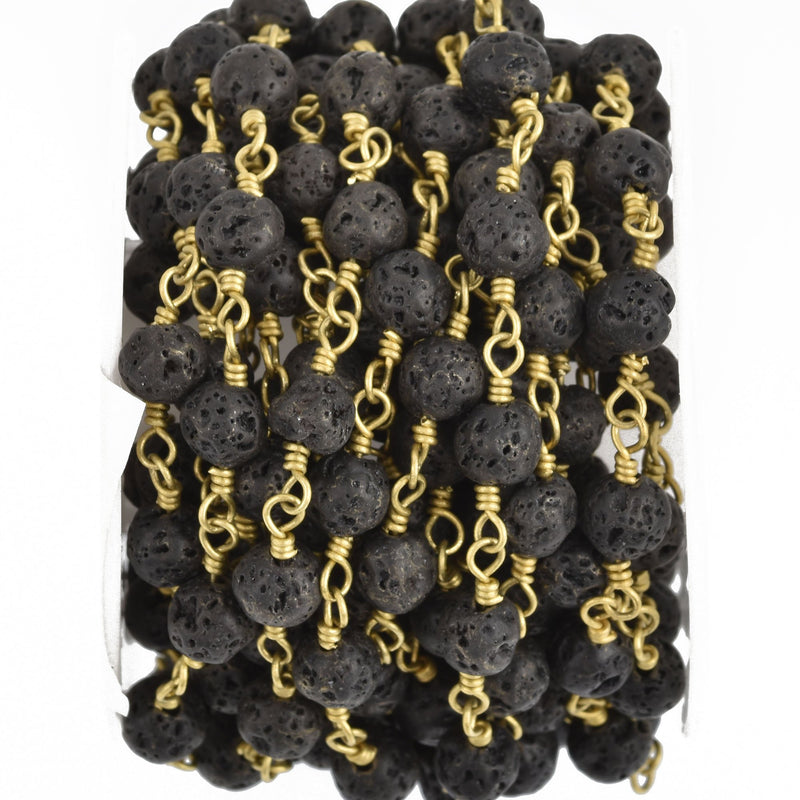 1 yard BLACK LAVA STONE Rosary Chain gold wire 6mm gemstone fch0900a