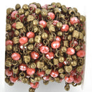 13 feet Crystal Bead Chain 6mm BRONZE with CORAL RED Rondelle fch0914b