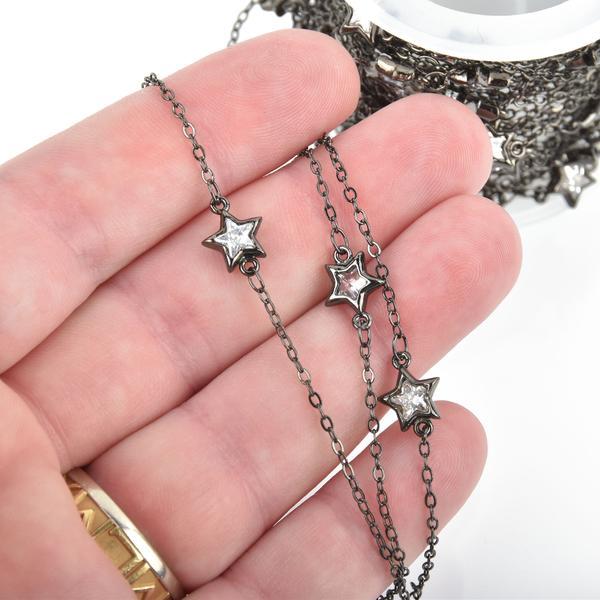 26 feet Crystal STAR Chain GUNMETAL BLACK with 9mm Clear Rhinestones fch0921c