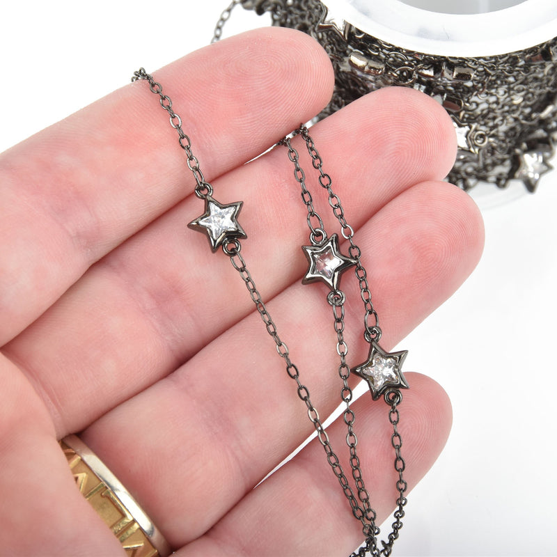 1 yard Crystal STAR Chain GUNMETAL BLACK with 9mm Clear Rhinestones fch0921a