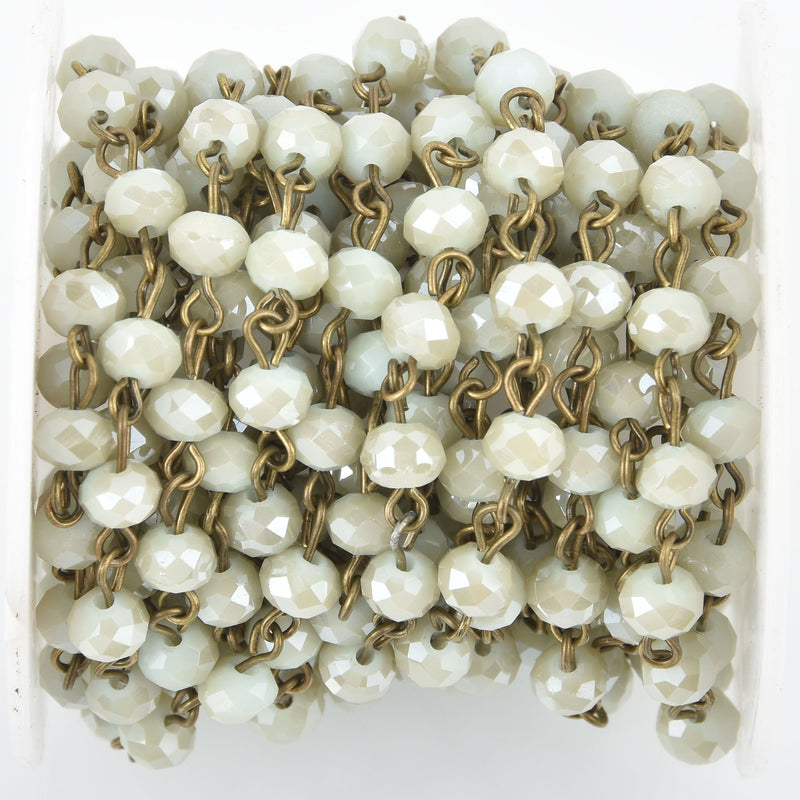 1 yard MINT CREAM Crystal Rondelle Rosary Chain, bronze, 6mm faceted rondelle glass beads fch0923a