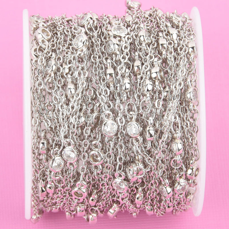 10 yards Crystal Cable Link Chain SILVER with 4mm Clear Rhinestones fch0930b