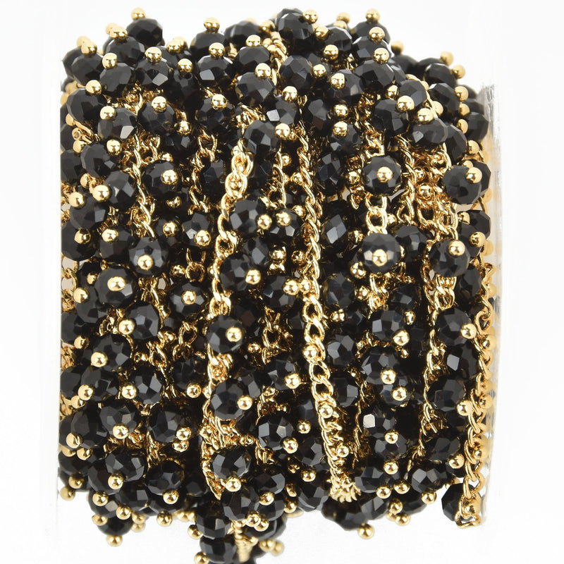 13 feet BLACK Crystal Bead Chain, bright gold wire loops, 4mm Rondelle Charm Dangles fch0937b