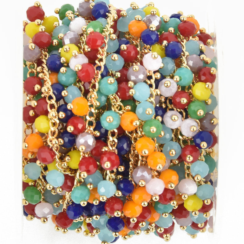 1 yard RAINBOW Crystal Bead Chain, bright gold wire loops, 4mm Rondelle Charm Dangles fch0938a