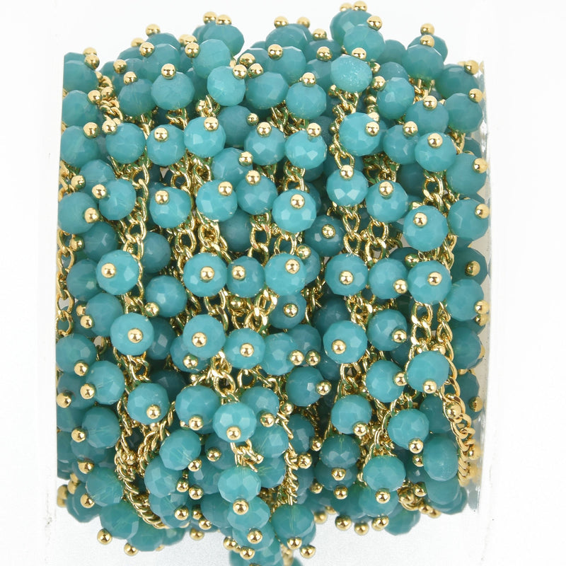 13 feet TURQUOISE TEAL BLUE Crystal Bead Chain, bright gold wire loops, 4mm Rondelle Charm Dangles fch0939b