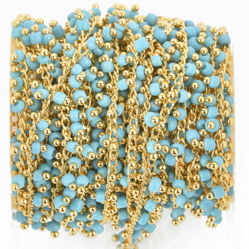 1 yard TURQUOISE BLUE Crystal Bead Chain, bright gold wire loops, 2.5mm Rondelle Charm Dangles fch0941a