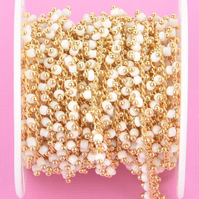 1 yard WHITE Crystal Bead Chain, bright gold wire loops, 2.5mm Rondelle Charm Dangles fch0942a