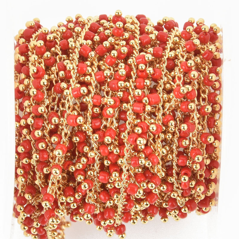 15 feet RED Crystal Bead Chain, bright gold wire loops, 2.5mm Rondelle Charm Dangles fch0944b