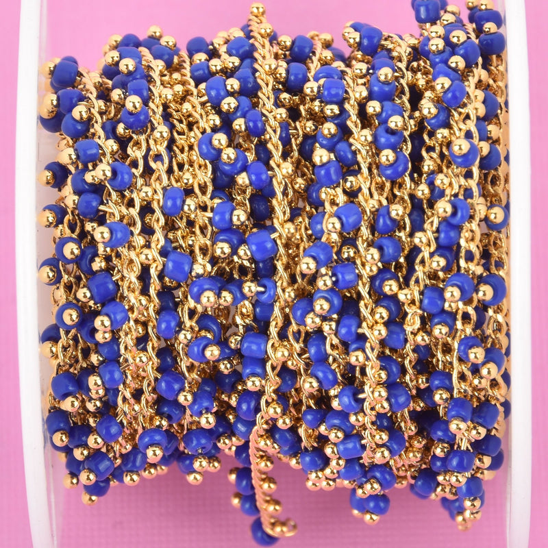 15 feet ROYAL BLUE Crystal Bead Chain, bright gold wire loops, 2.5mm Rondelle Charm Dangles fch0945b