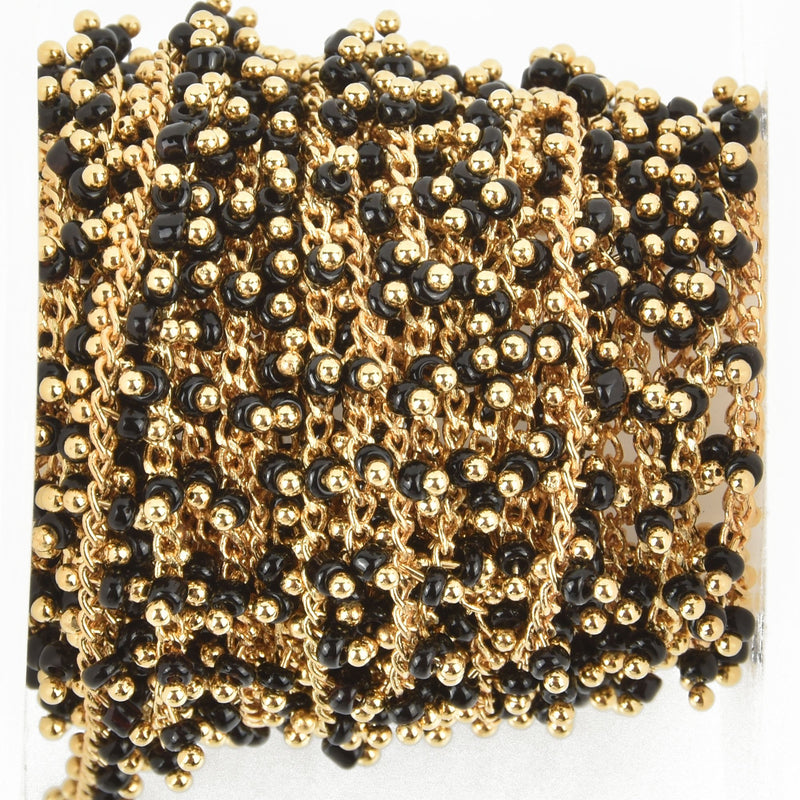 1 yard BLACK Crystal Bead Chain, bright gold wire loops, 2.5mm Rondelle Charm Dangles fch0946a