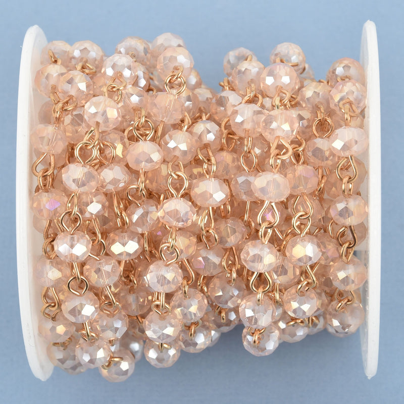 1 yard Pink BLUSH AB Crystal Rondelle Rosary Chain, gold wire, 6mm faceted rondelle glass beads, fch0950a