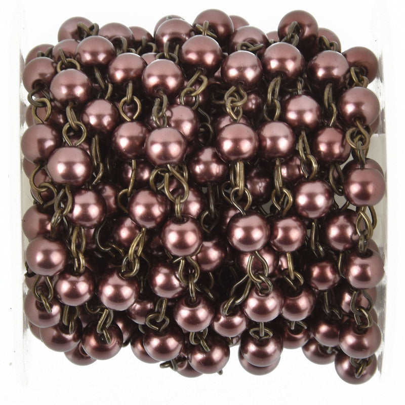 1 yard MAROON BURGUNDY Rosary Chain, BRONZE wire, 6mm round glass beads, fch0951a