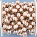 1 yard BLUSH PINK Pearl Rosary Chain, BRONZE wire, 6mm round glass beads, fch0952a