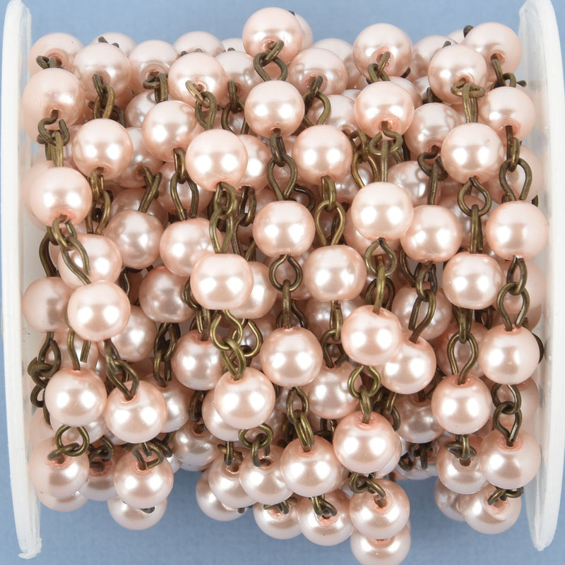 1 yard BLUSH PINK Pearl Rosary Chain, BRONZE wire, 6mm round glass beads, fch0952a