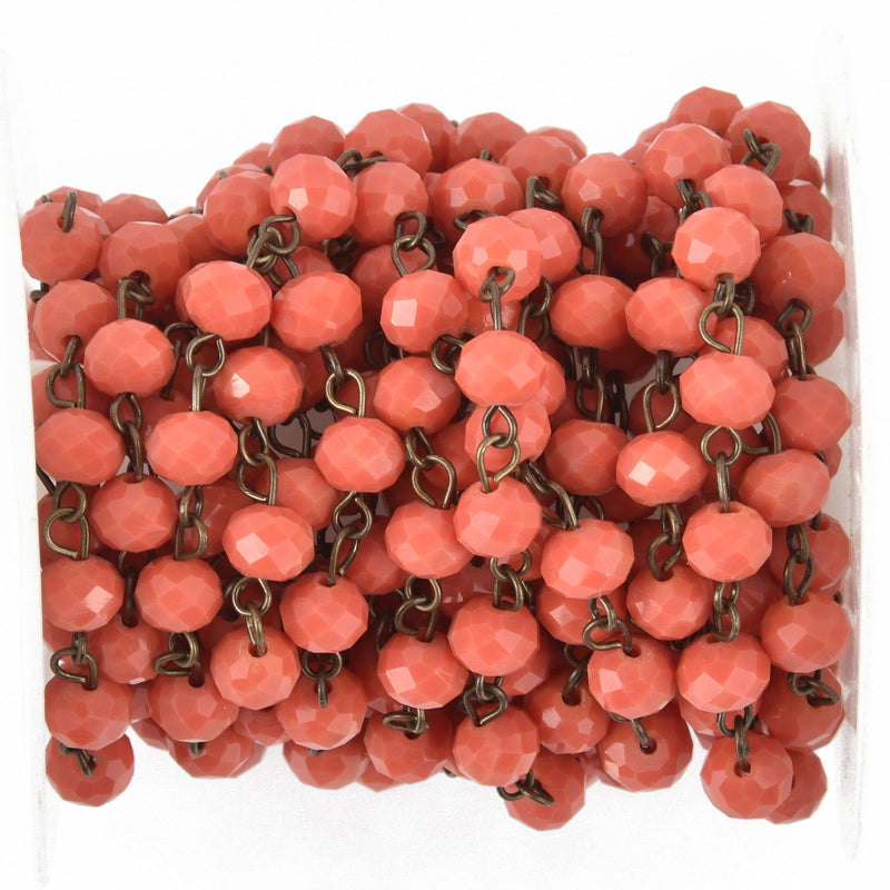 1 yard TOMATO RED Crystal Rondelle Rosary Chain, bronze wire, 6mm faceted rondelle glass beads, fch0954a