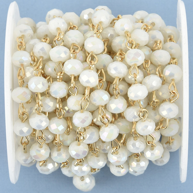 13 feet WHITE AB Crystal Rondelle Rosary Chain, gold, 6mm faceted rondelle glass beads fch0956b