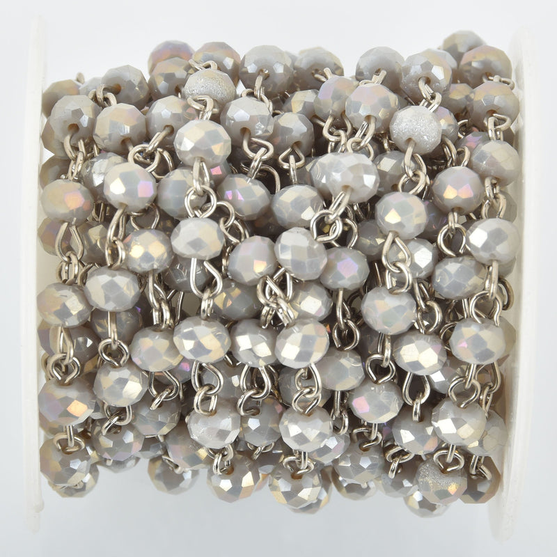 13 feet HEATHER GRAY AB Crystal Rondelle Rosary Chain, silver wire, 6mm faceted glass beads, fch0958b