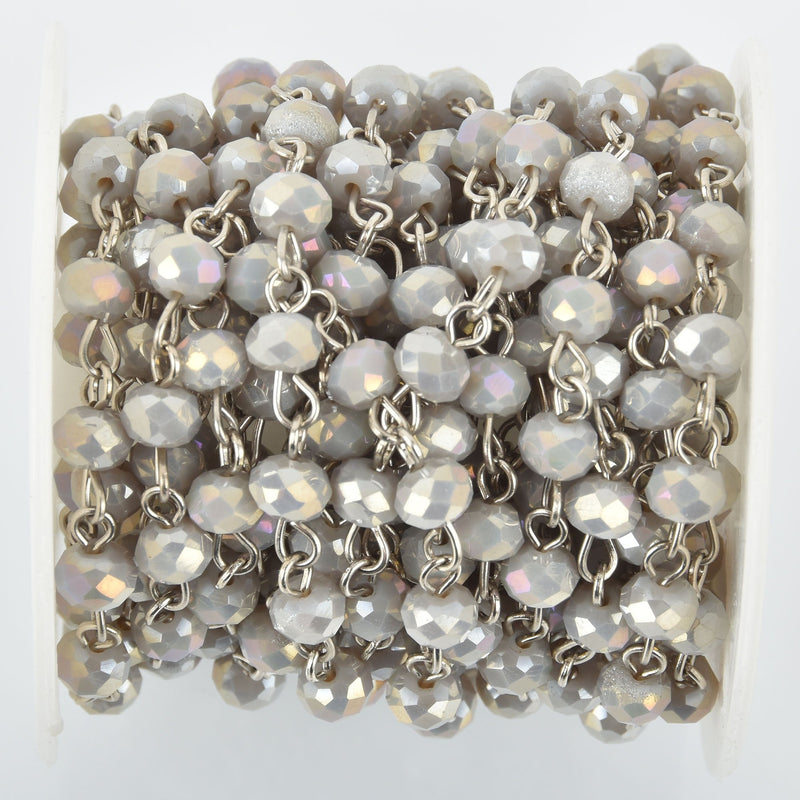 1 yard HEATHER GRAY AB Crystal Rondelle Rosary Chain, silver wire, 6mm faceted glass beads, fch0958a