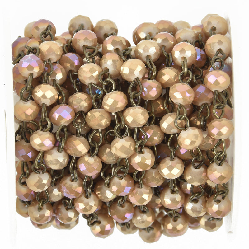 1 yard DESERT TAN AB Crystal Rondelle Rosary Chain, bronze wire, 6mm faceted glass beads, fch0959a