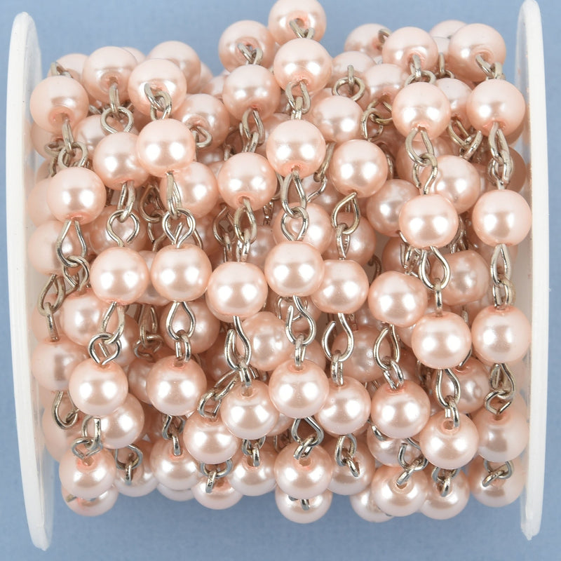 13 feet BLUSH PINK Rosary Chain, SILVER wire, 6mm round glass pearl beads, fch0960b