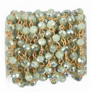 13 feet SPRING GREEN Ab Rosary Chain, GOLD wire, 6mm round glass beads, fch0962b