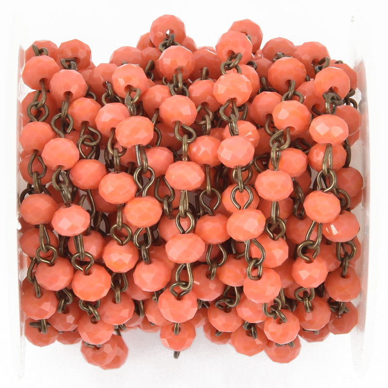 1 yard CORAL RED Crystal Rondelle Rosary Chain, bronze wire, 6mm faceted rondelle glass beads, fch0963a