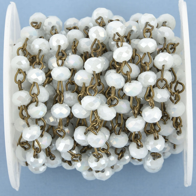 1 yard WHITE AB Crystal Rondelle Rosary Chain, BRONZE, 6mm faceted rondelle glass beads fch0965a