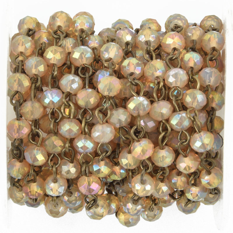 1 yard DESERT OPAL AB Crystal Rondelle Rosary Chain, bronze wire, 6mm faceted glass beads, fch0966a